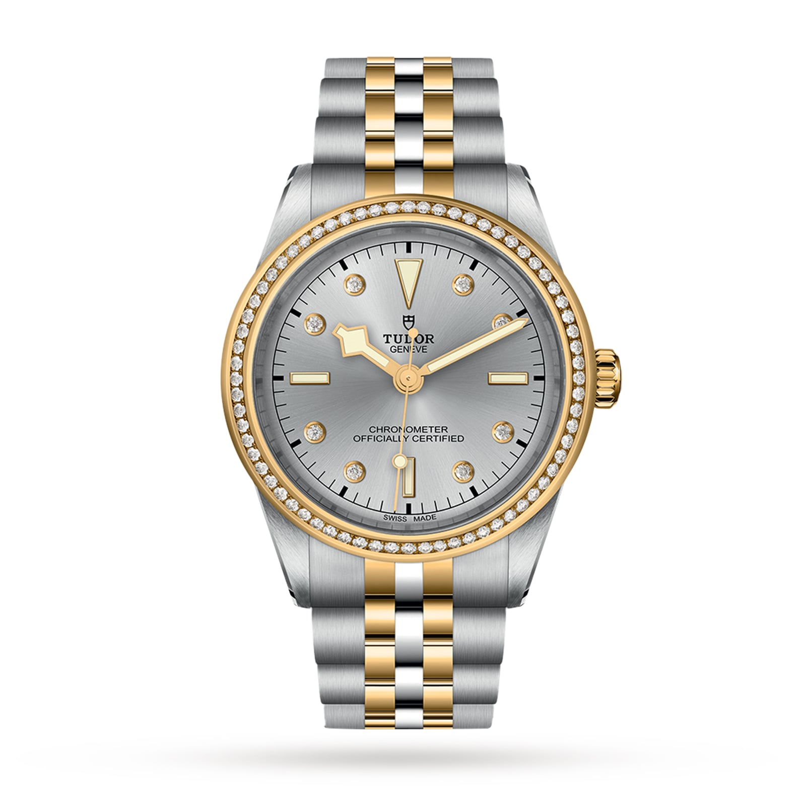 The TUDOR Black Bay One 39 S&G is a two-tone gold and silver wristwatch featuring a diamond bezel and a silver dial.