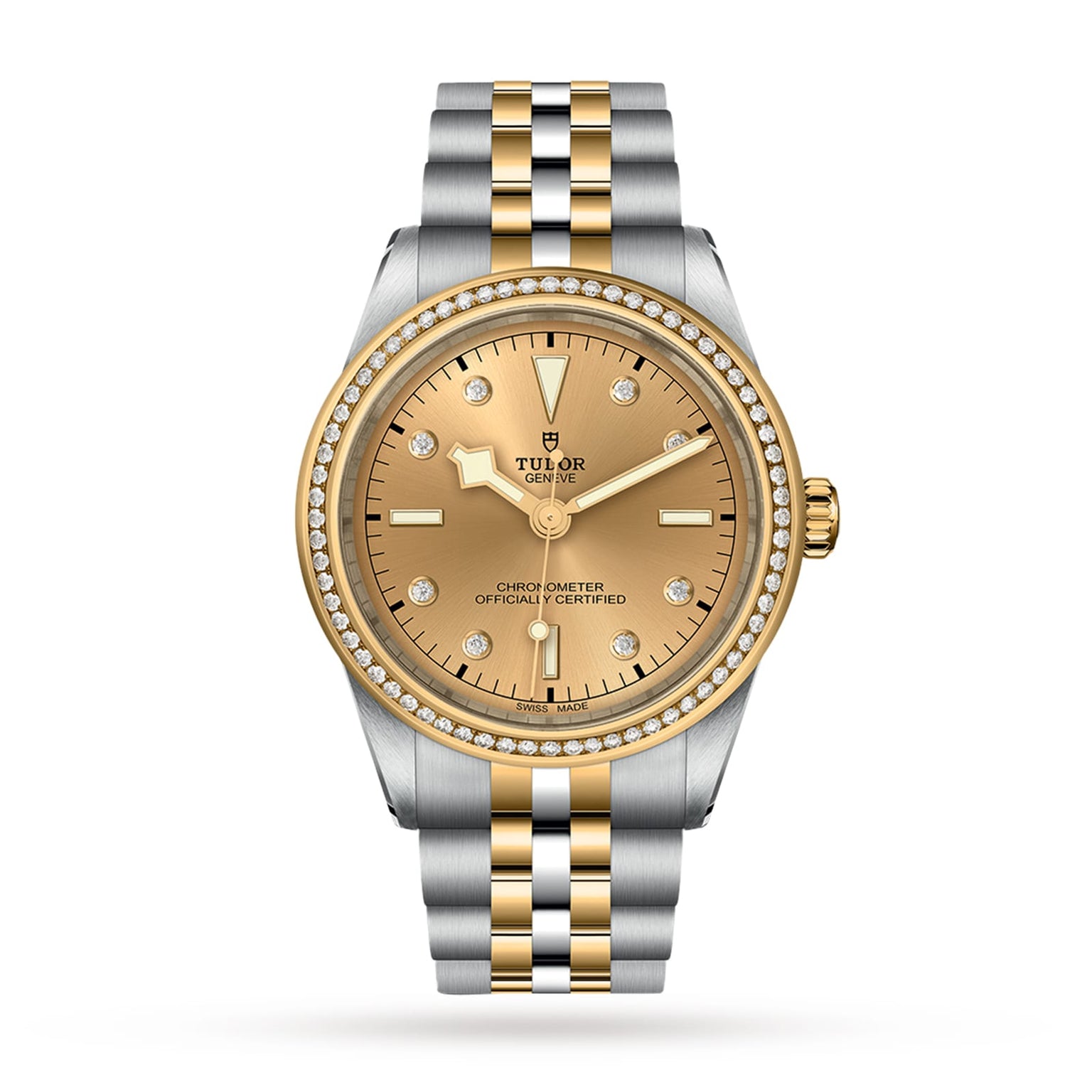 TUDOR Black Bay One 39 S&G wristwatch featuring a two-tone yellow gold and silver bracelet, gold dial with diamond markers, diamond-set bezel, and time displayed at 10:10.