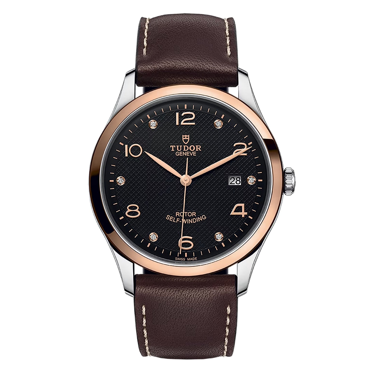 The TUDOR 1926 is a contemporary wristwatch with a brown leather strap, black dial, gold-tone bezel, silver and gold hour markers, and a date display at 3 o’clock—an elegant pick for fans of mechanical timepieces.