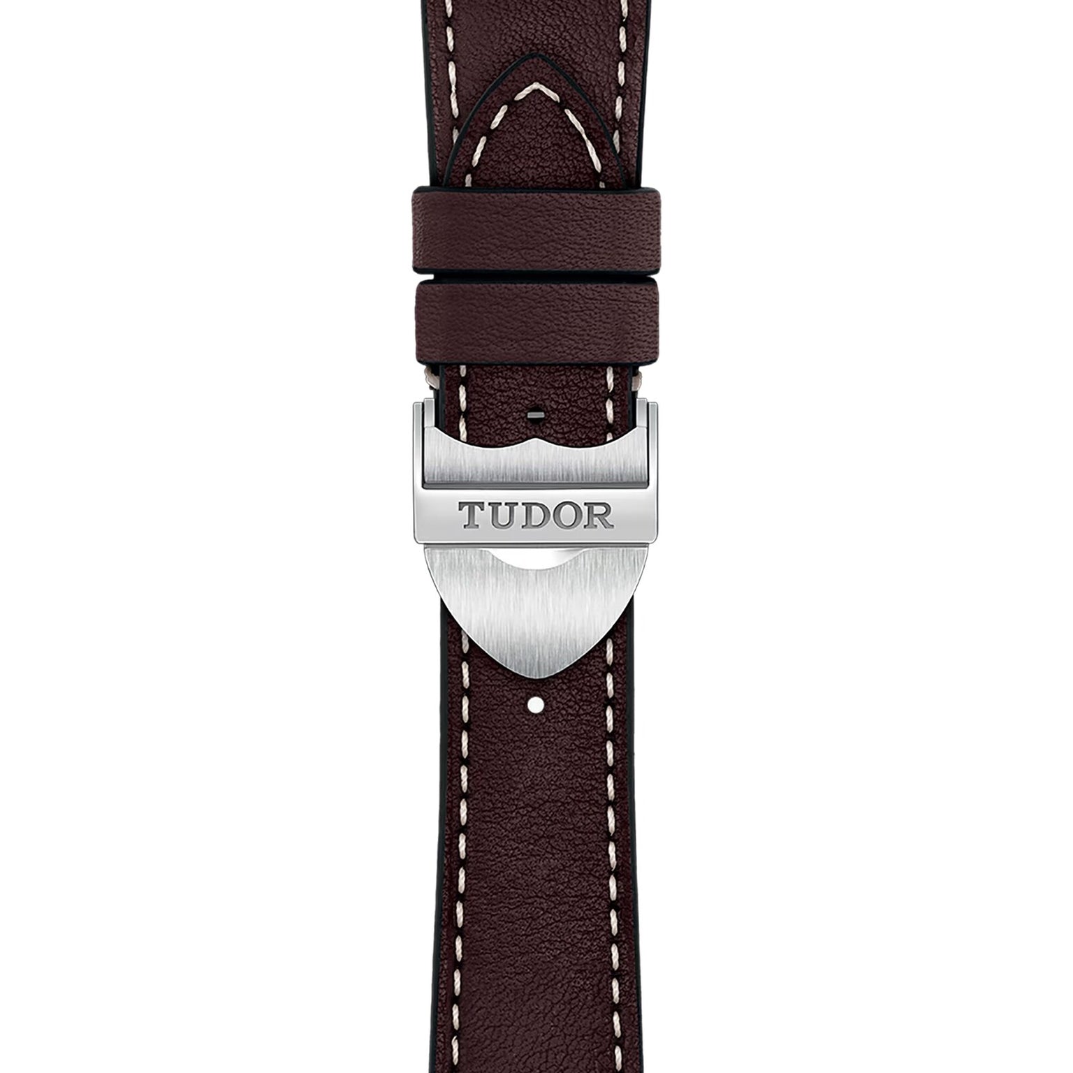 A brown leather strap with white stitching and a silver clasp engraved “TUDOR”—the perfect accessory for TUDOR’s 1926 watch and classic mechanical watch enthusiasts.