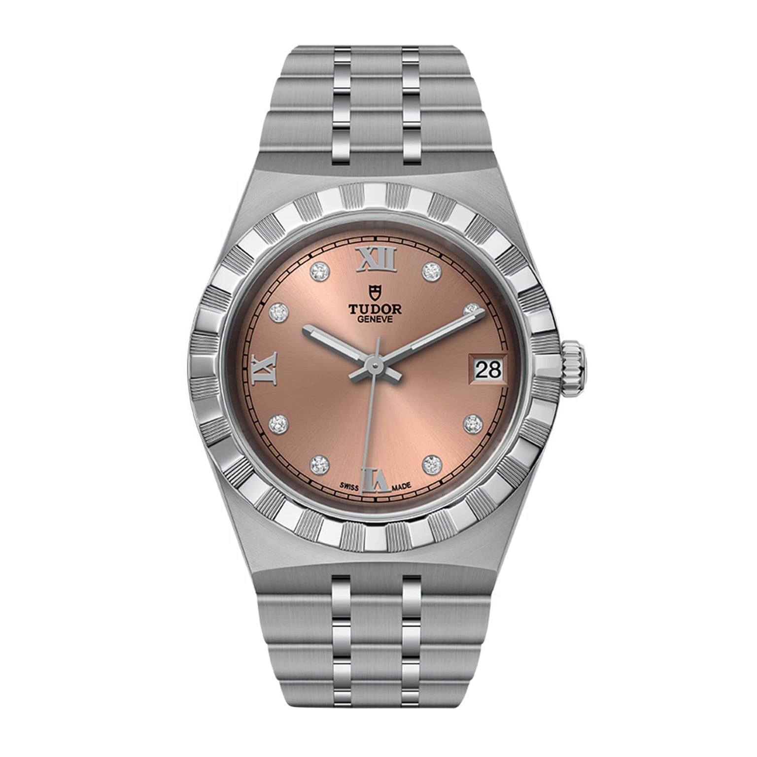 The TUDOR Royal is a stainless steel wristwatch featuring a rose gold dial, diamond hour markers, Roman numerals, automatic movement, and a date display at 3 o’clock—showcasing timeless sport chic style.