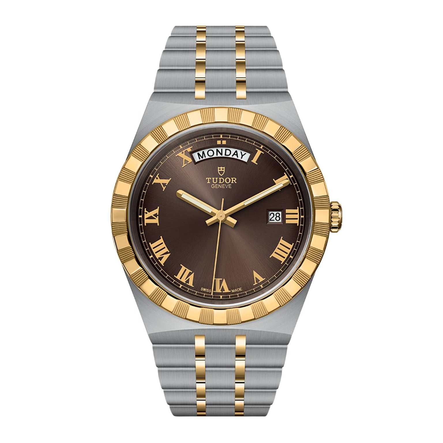 The TUDOR Royal features a two-tone metal band, brown dial with gold Roman numerals, automatic movement, day window at 12 o’clock, and date window at 3—classic elegance meets sporty chic.