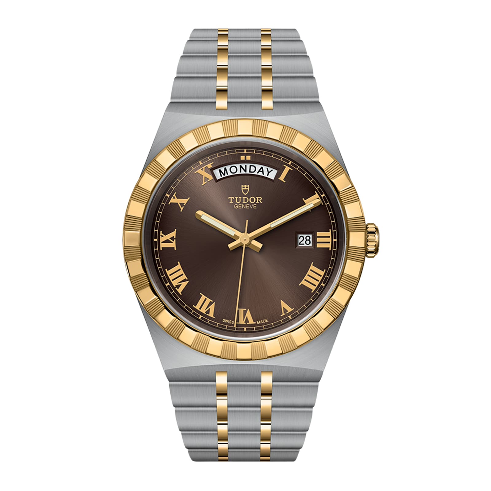 The TUDOR Royal features a two-tone metal band, brown dial with gold Roman numerals, automatic movement, day window at 12 o’clock, and date window at 3—classic elegance meets sporty chic.