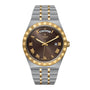 The TUDOR Royal features a two-tone metal band, brown dial with gold Roman numerals, automatic movement, day window at 12 o’clock, and date window at 3—classic elegance meets sporty chic.