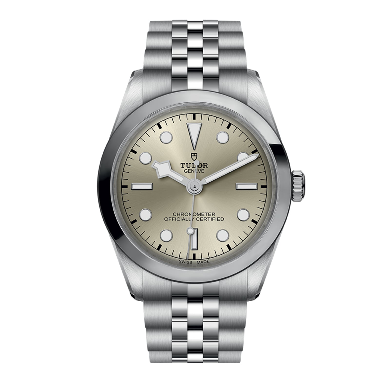 The TUDOR Black Bay One 36 is a stainless steel unisex watch with a silver dial, black hour markers, and a jubilee-style bracelet, photographed elegantly from the front to showcase its Black Bay-inspired sophistication.