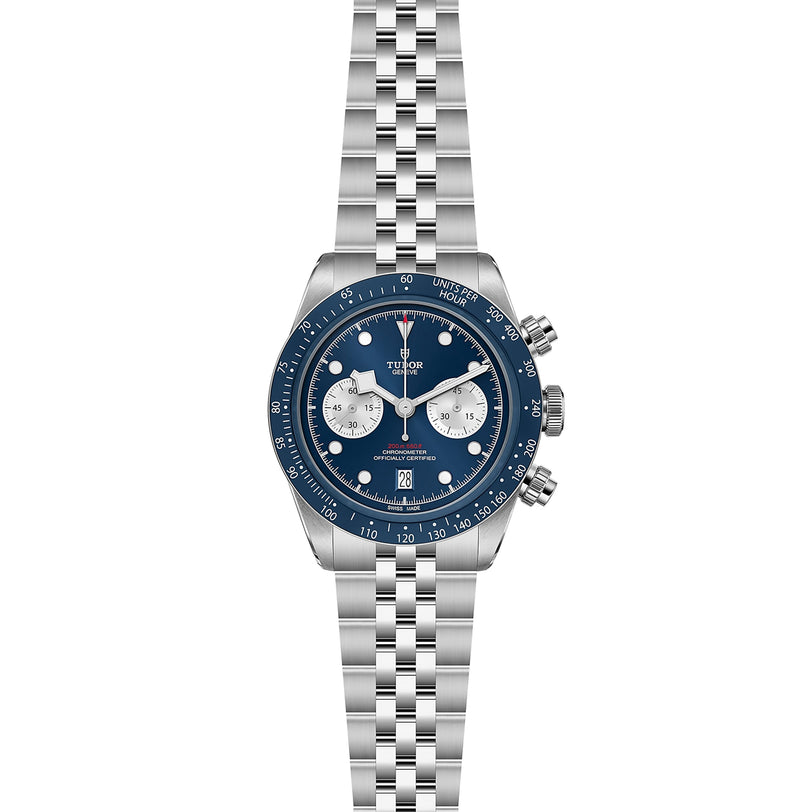 The TUDOR Black Bay Chrono features a stainless steel case, TUDOR Blue dial, two silver subdials, a date window at 6 o’clock, and a five-link bracelet—exclusively available at Tudor Boutiques.