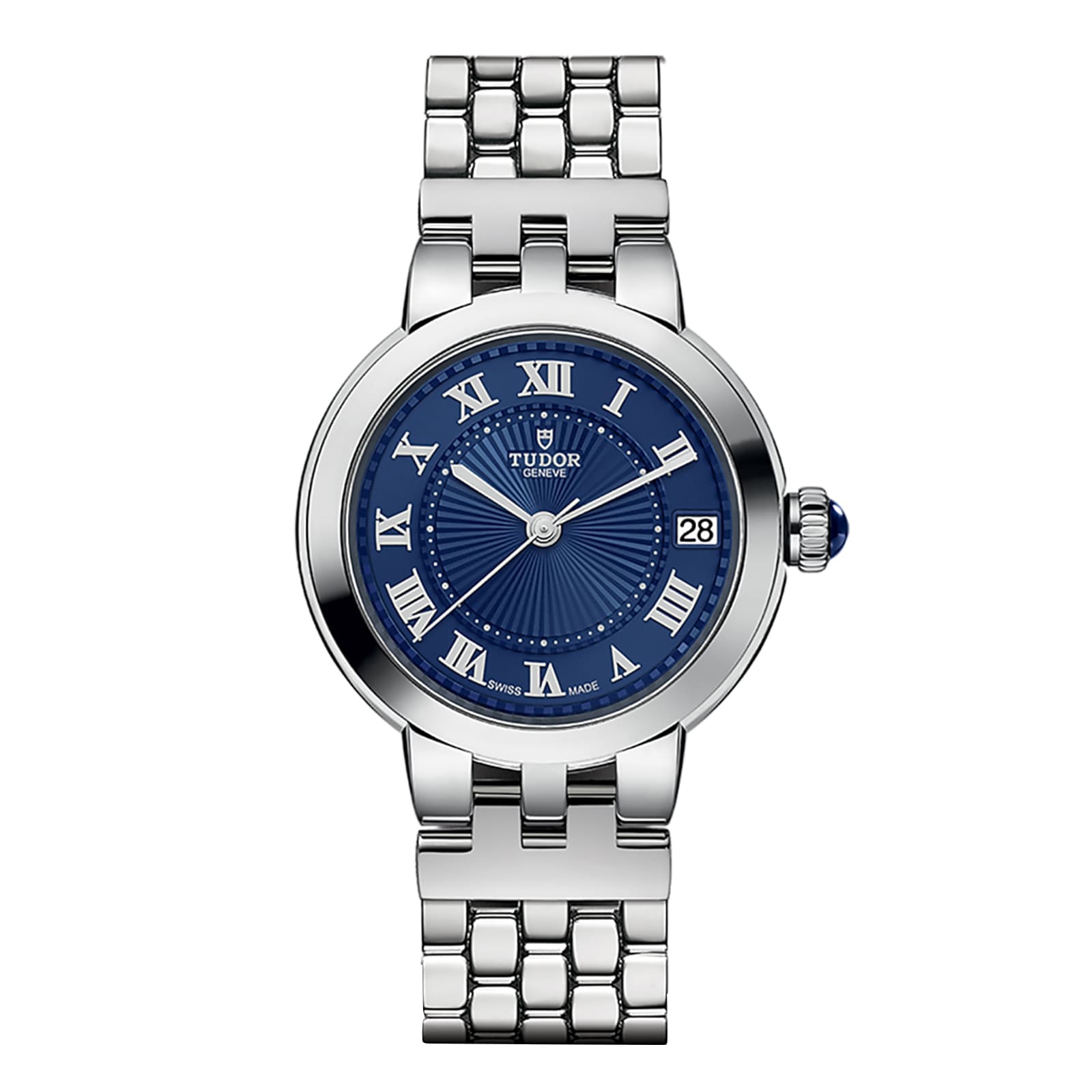The TUDOR Clair de Rose wristwatch features a silver metal link bracelet, blue dial with Roman numerals, and a date window at 3 o’clock.