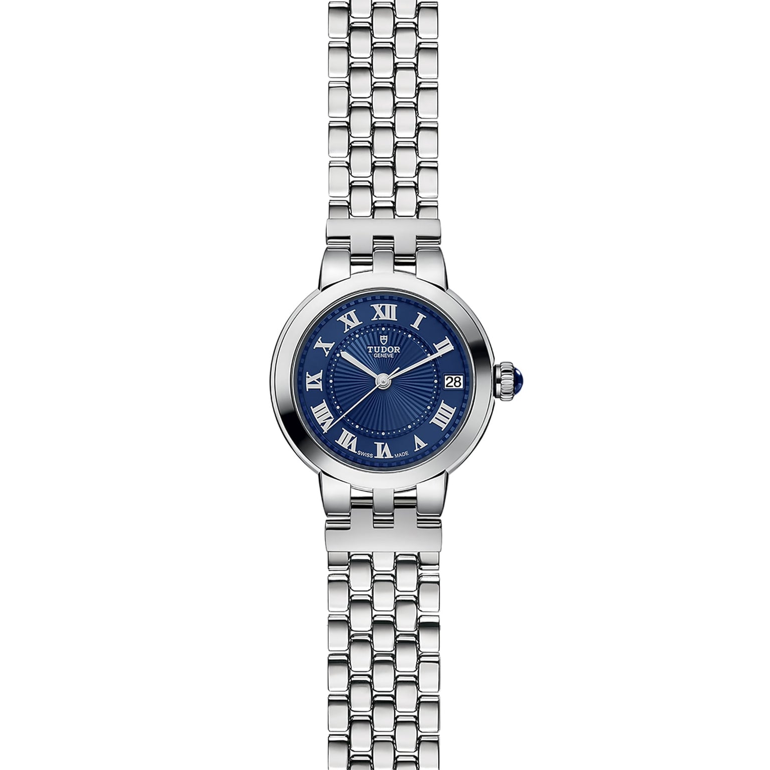 The TUDOR Clair de Rose features a silver metal link band, blue face with Roman numerals, and date display.