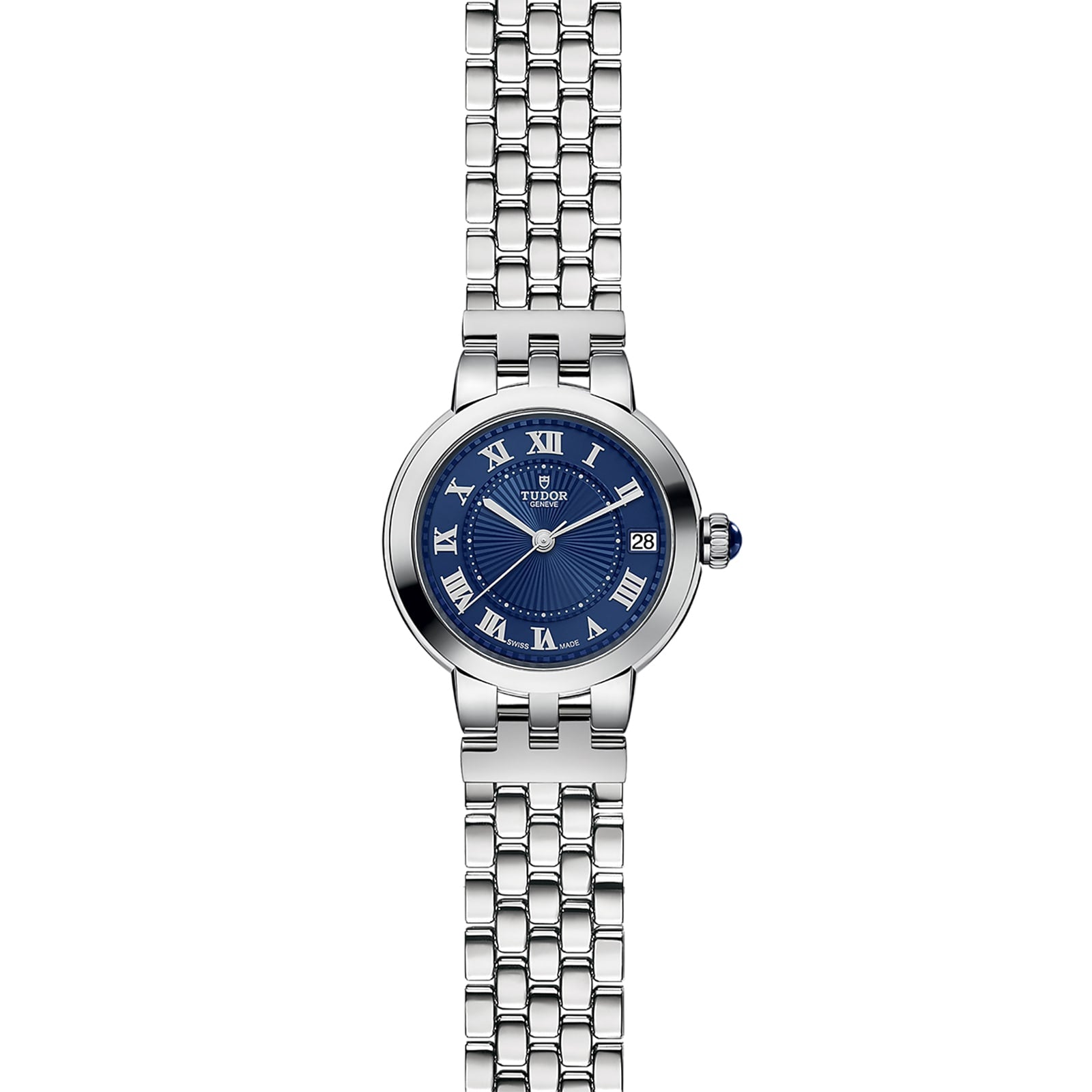 The TUDOR Clair de Rose features a silver metal link band, blue face with Roman numerals, and date display.
