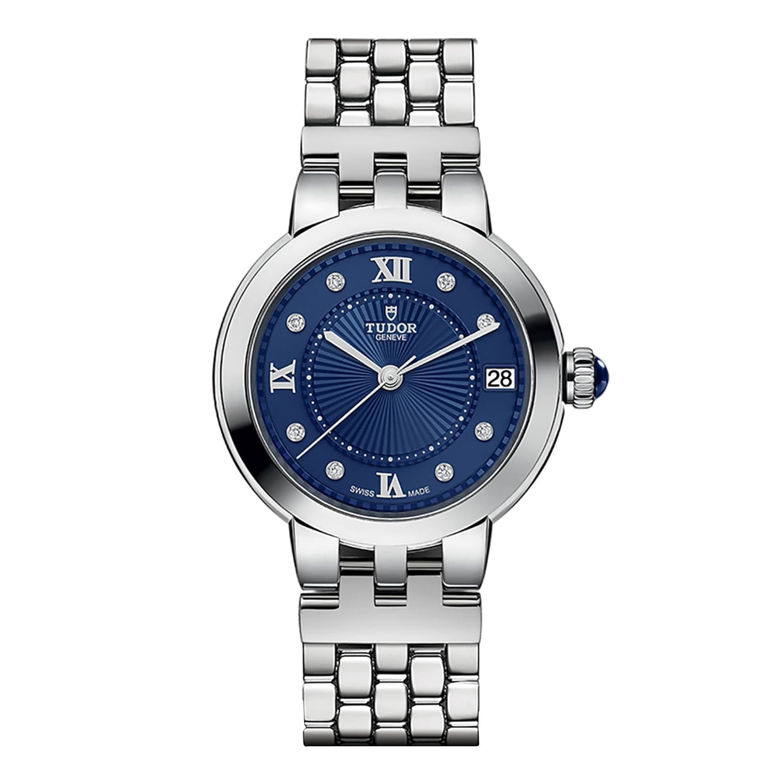 TUDOR Clair de Rose wristwatch featuring a silver metal link band, blue dial with Roman numerals, and a date window at 3 o’clock.