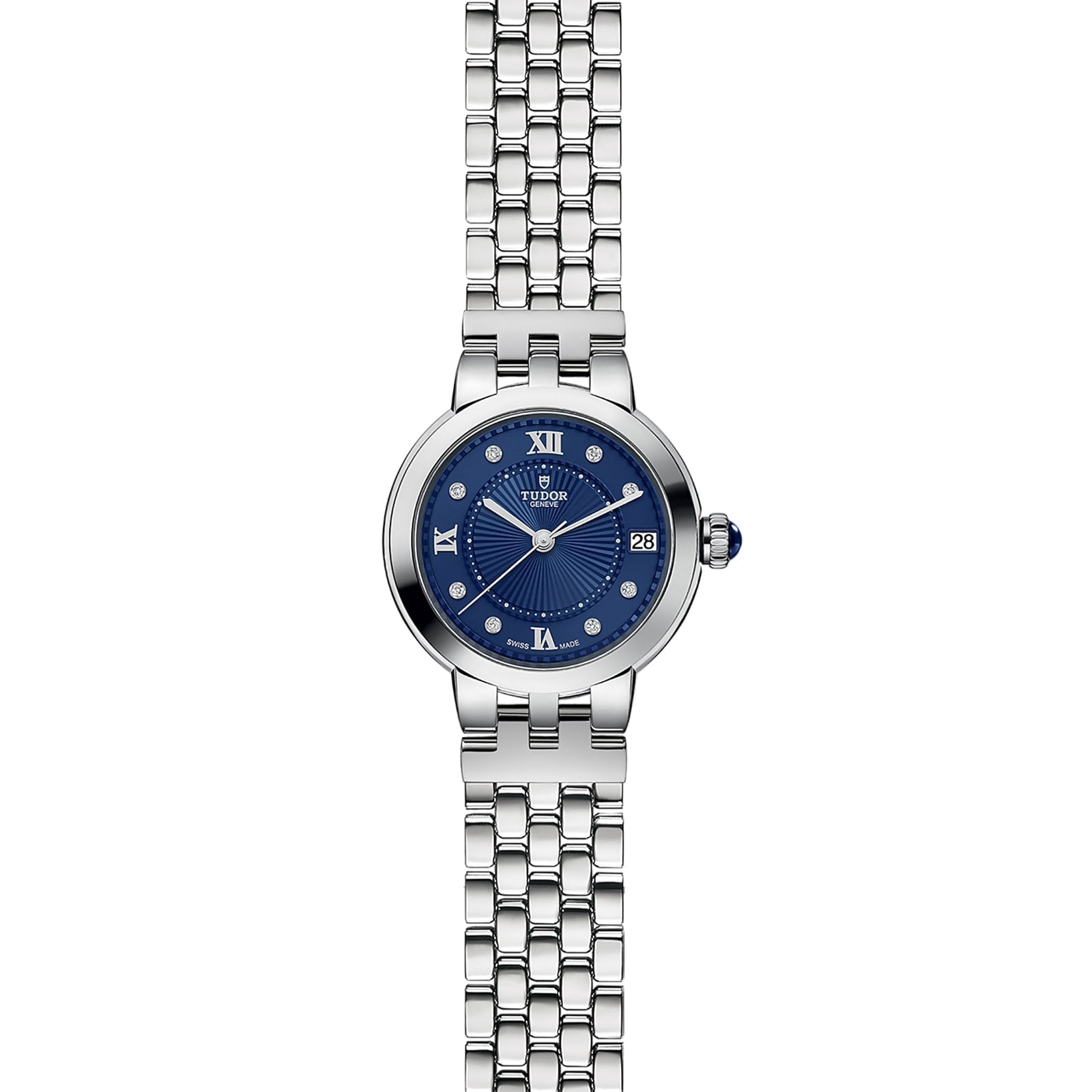 The TUDOR Clair de Rose is a silver wristwatch featuring a blue face with Roman numerals and a metal link band.