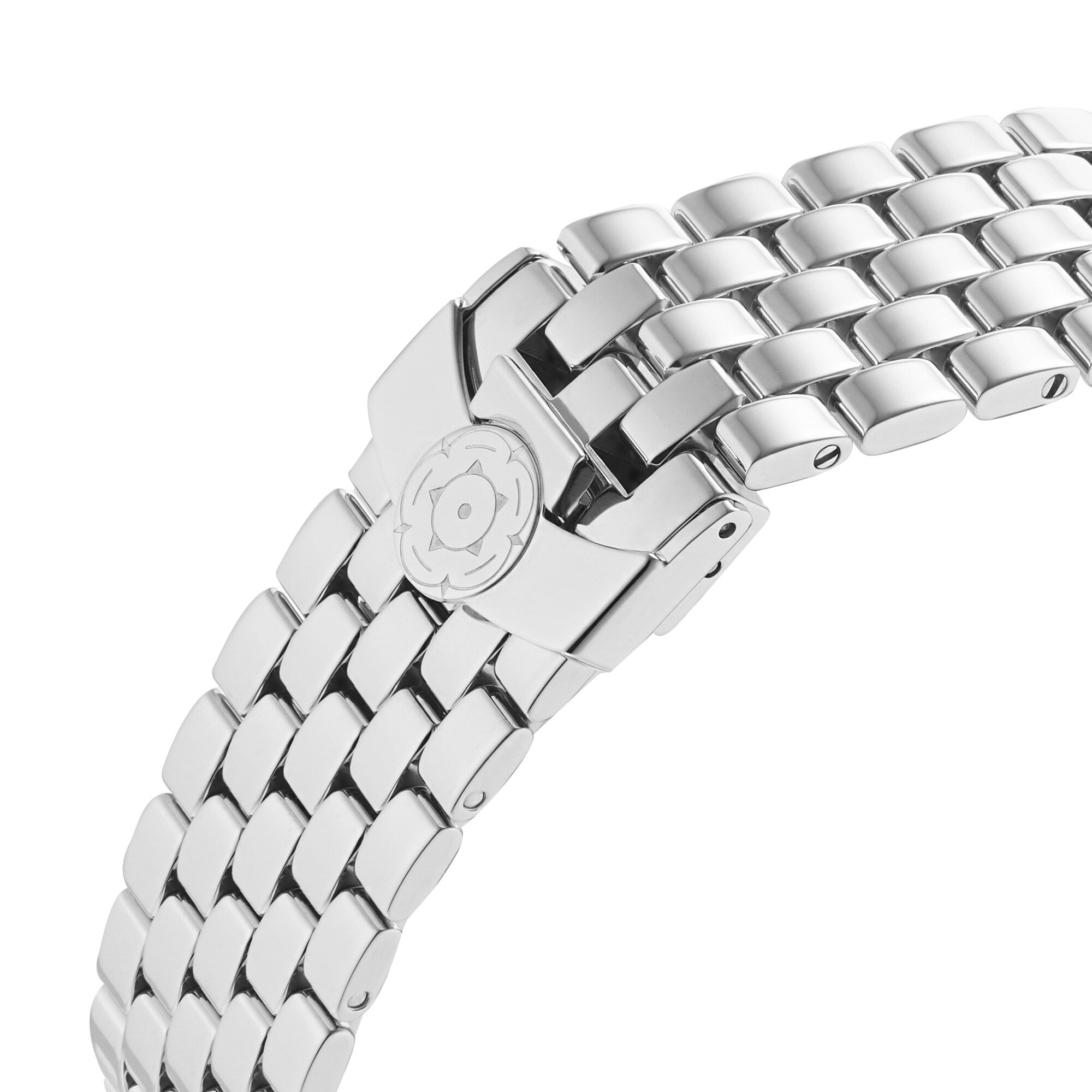 Close-up of the TUDOR Clair de Rose silver metal watch bracelet with a clasp featuring an engraved circular logo.