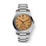 Stainless steel watch with champagne dial, Arabic numerals, subsidiary seconds dial, and metal bracelet.