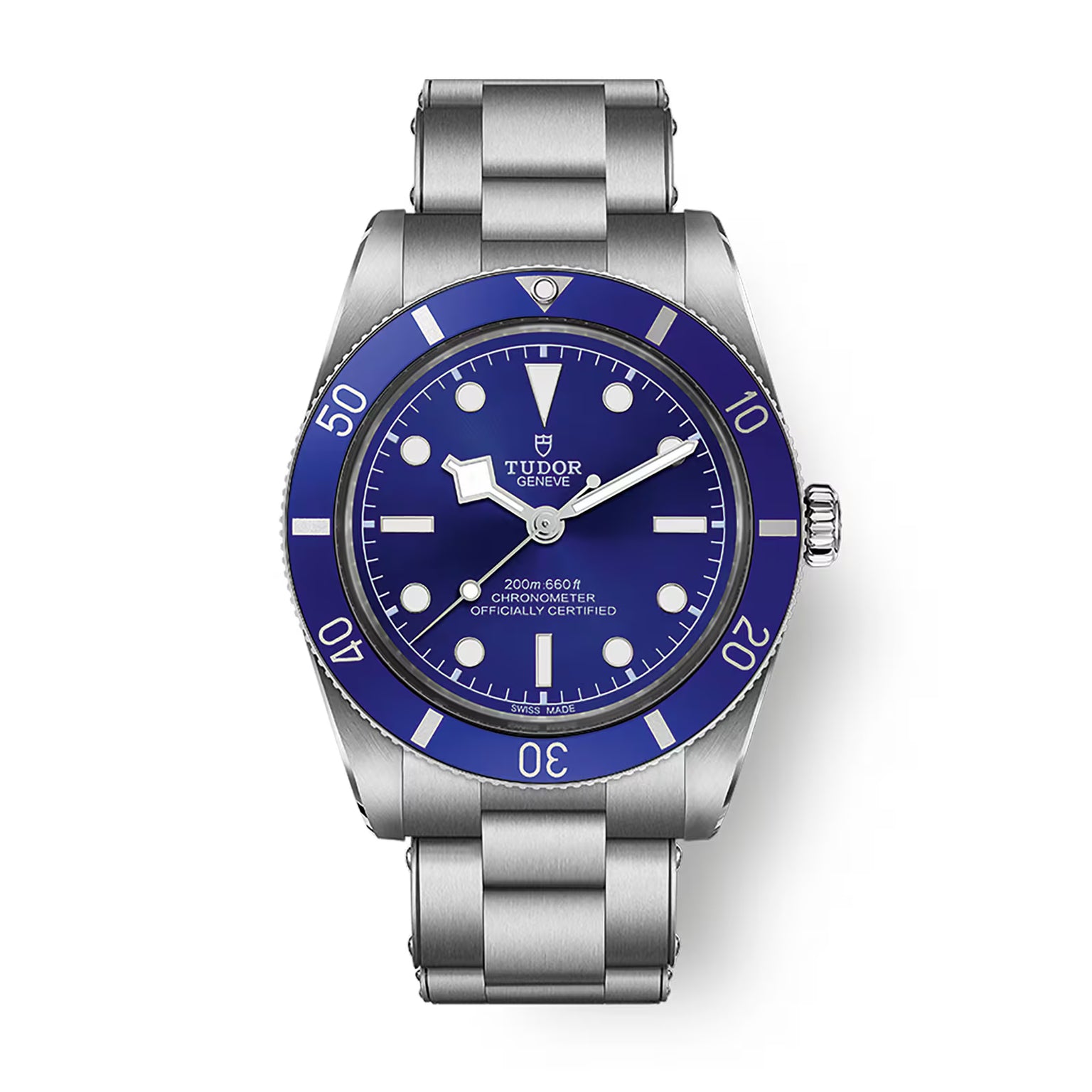 Tudor Black Bay 54 watch with blue dial, blue bezel, steel case, and steel bracelet.