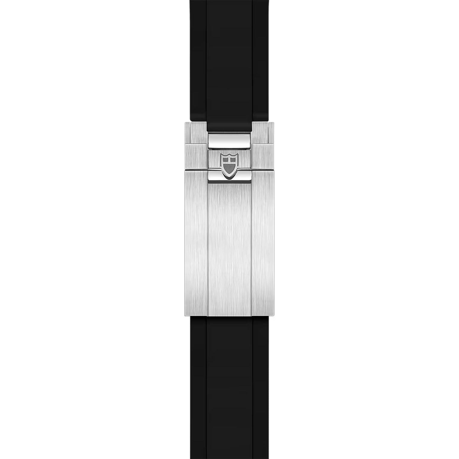 Silver-tone watch case with brushed finish and shield logo on black rubber strap.