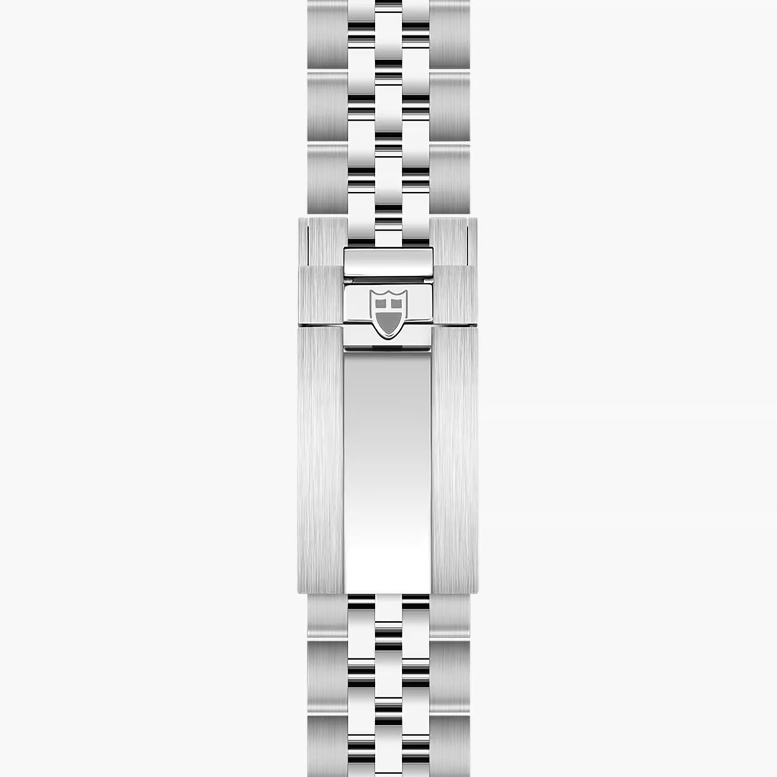 Two-tone stainless steel watch bracelet with alternating brushed and polished links and shield-engraved clasp.