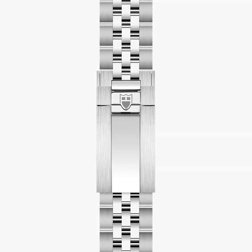 Two-tone stainless steel watch bracelet with alternating brushed and polished links and shield-engraved clasp.