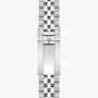 Two-tone stainless steel watch bracelet with alternating brushed and polished links and shield-engraved clasp.