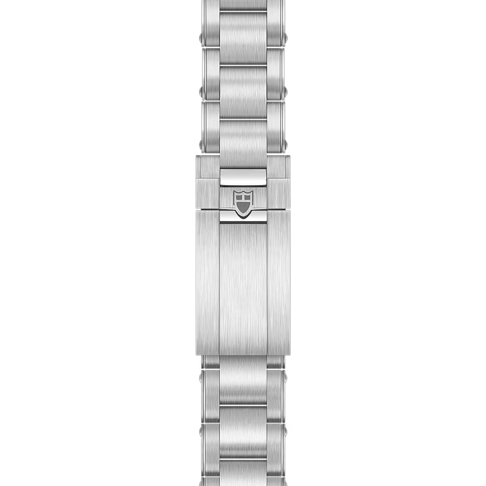 Stainless steel watch bracelet with brushed finish, three-link design, and branded clasp.