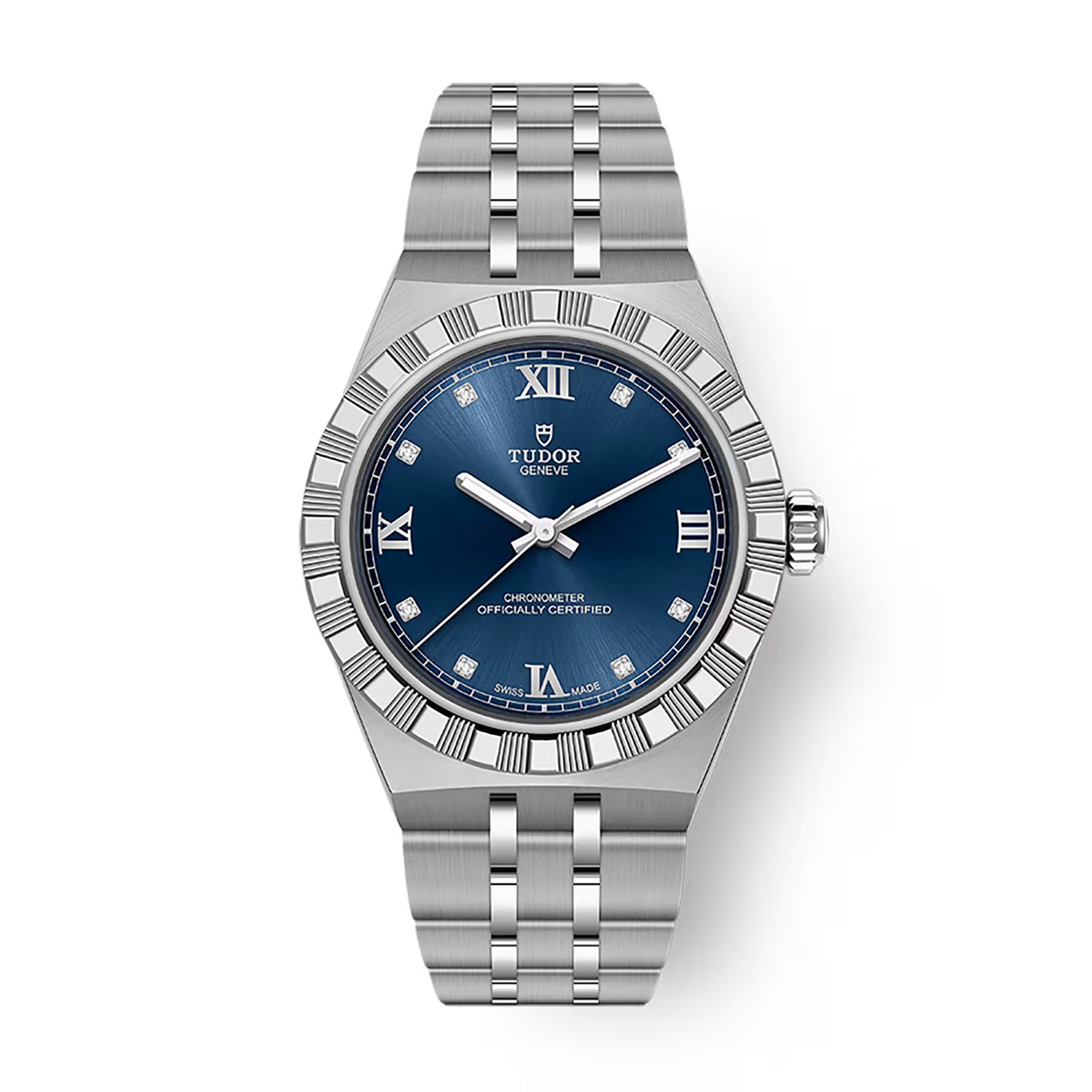 Stainless steel watch with blue dial, Roman numeral markers, diamond indices, and three-link metal bracelet.
