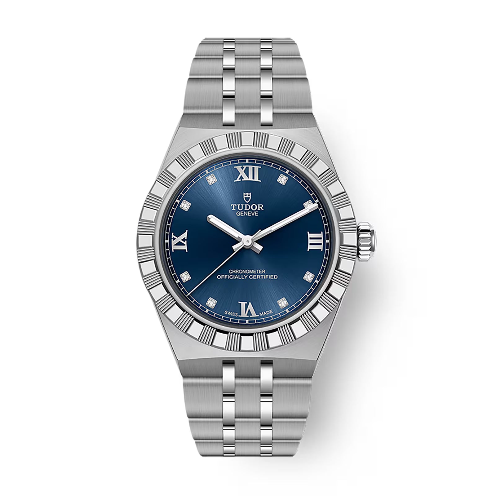 Stainless steel watch with blue dial, Roman numeral markers, diamond indices, and three-link metal bracelet.