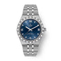 Stainless steel watch with blue dial, Roman numeral markers, diamond indices, and three-link metal bracelet.