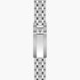 Silver stainless steel watch bracelet with linked segments and shield-shaped clasp featuring Tudor logo.