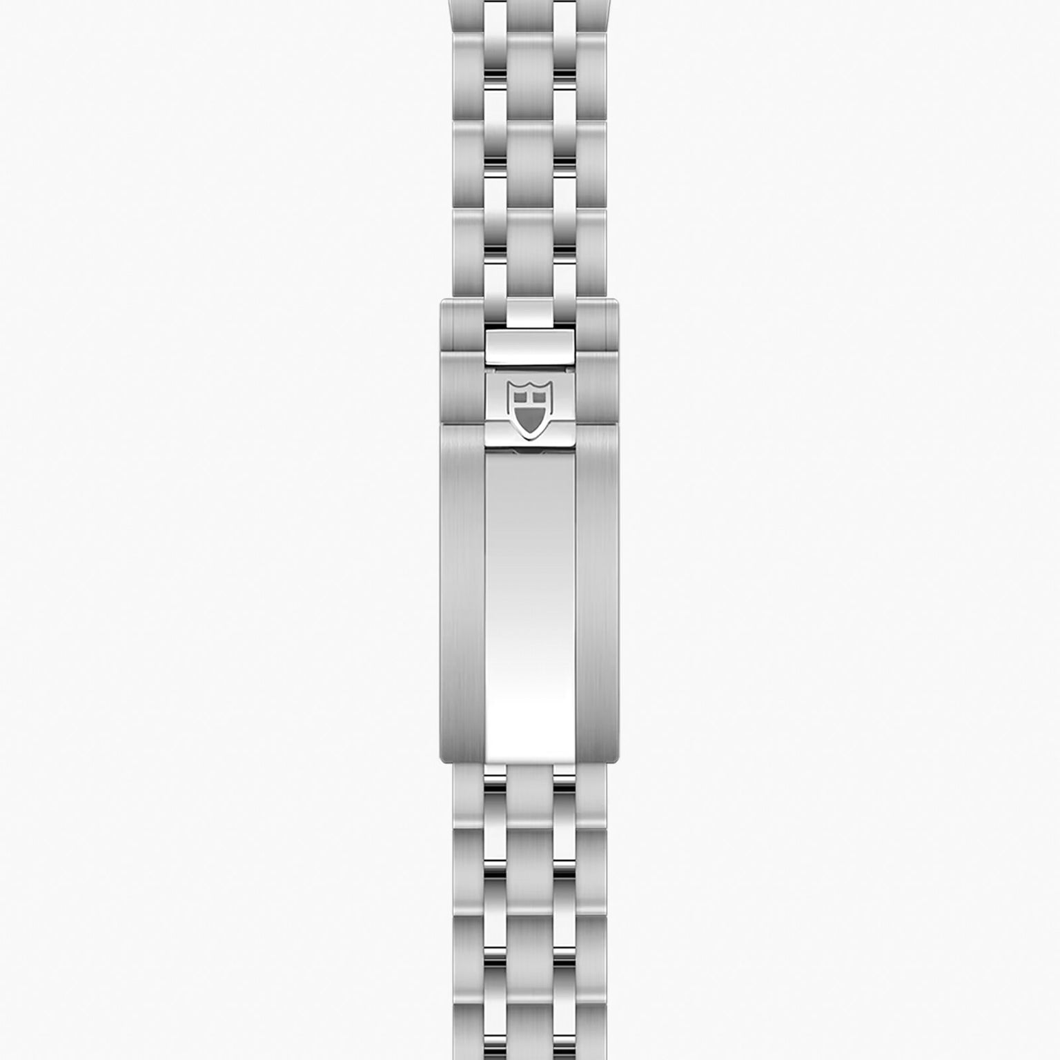 Stainless steel watch bracelet with linked segments and shield logo clasp.