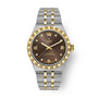Tudor Royal watch with two-tone stainless steel and gold bracelet, dark dial with Roman numerals and diamond indices.