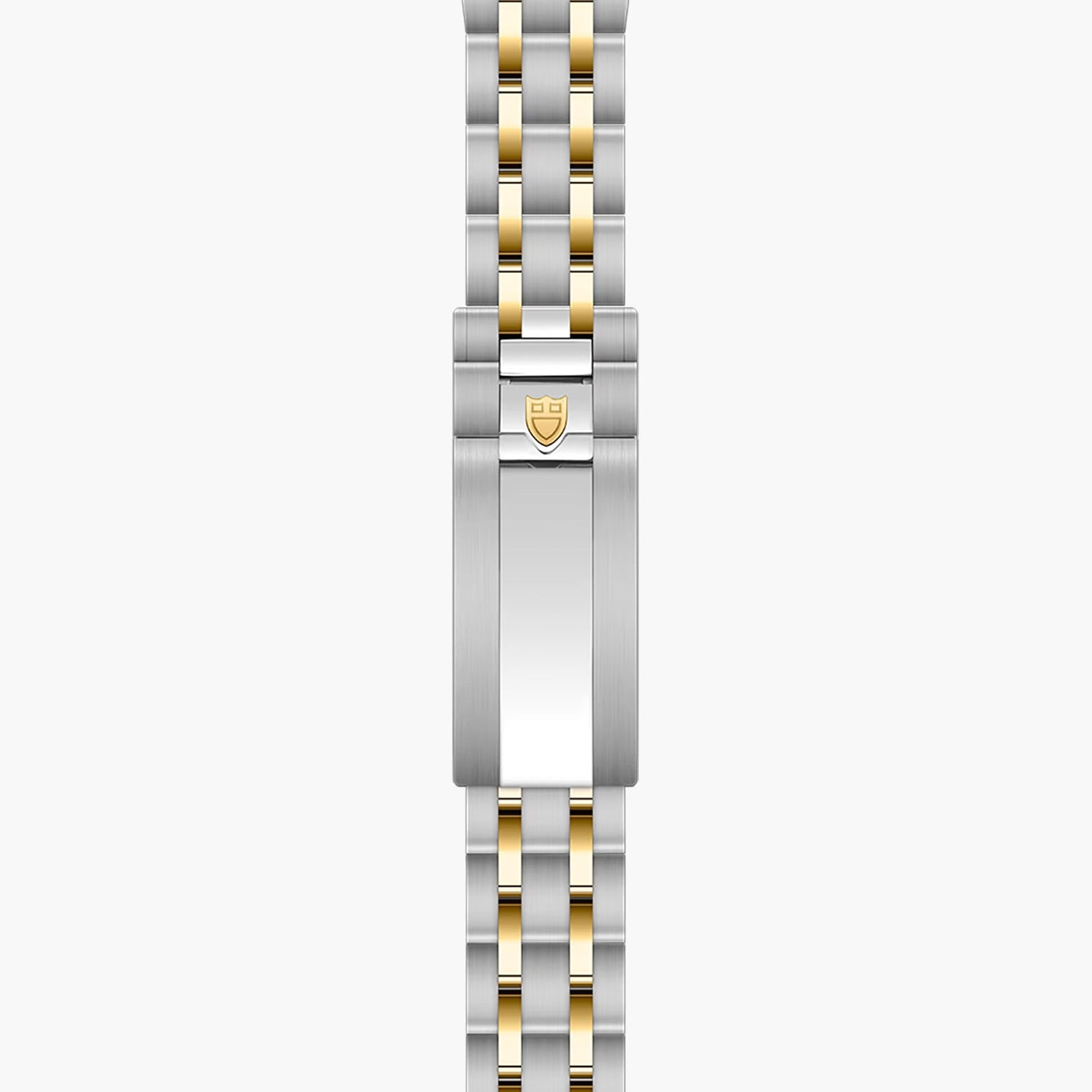 Two-tone stainless steel and gold watch bracelet with shield logo clasp.