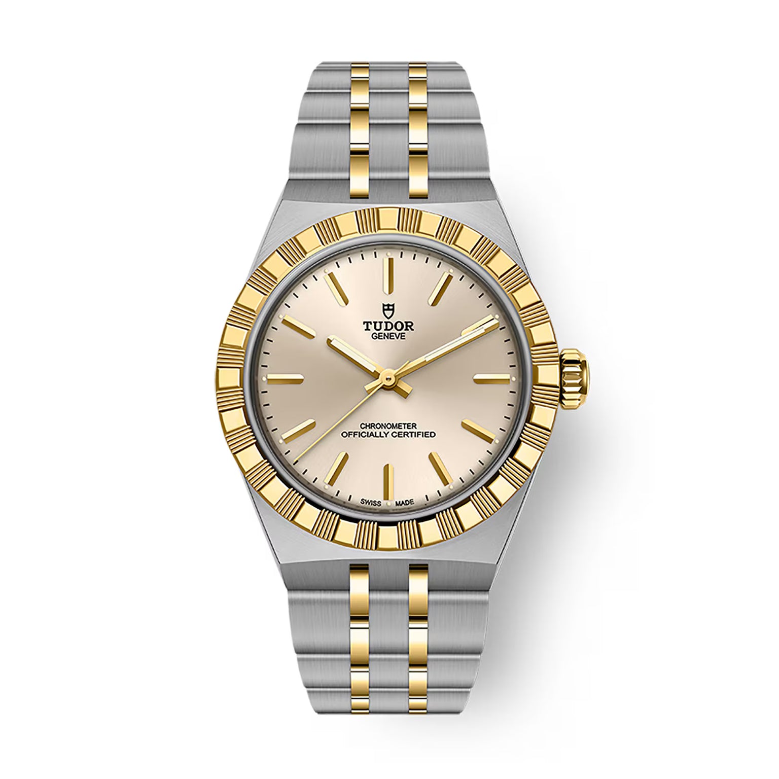 TUDOR Royal watch with two-tone steel and gold bracelet, champagne dial, and textured bezel.