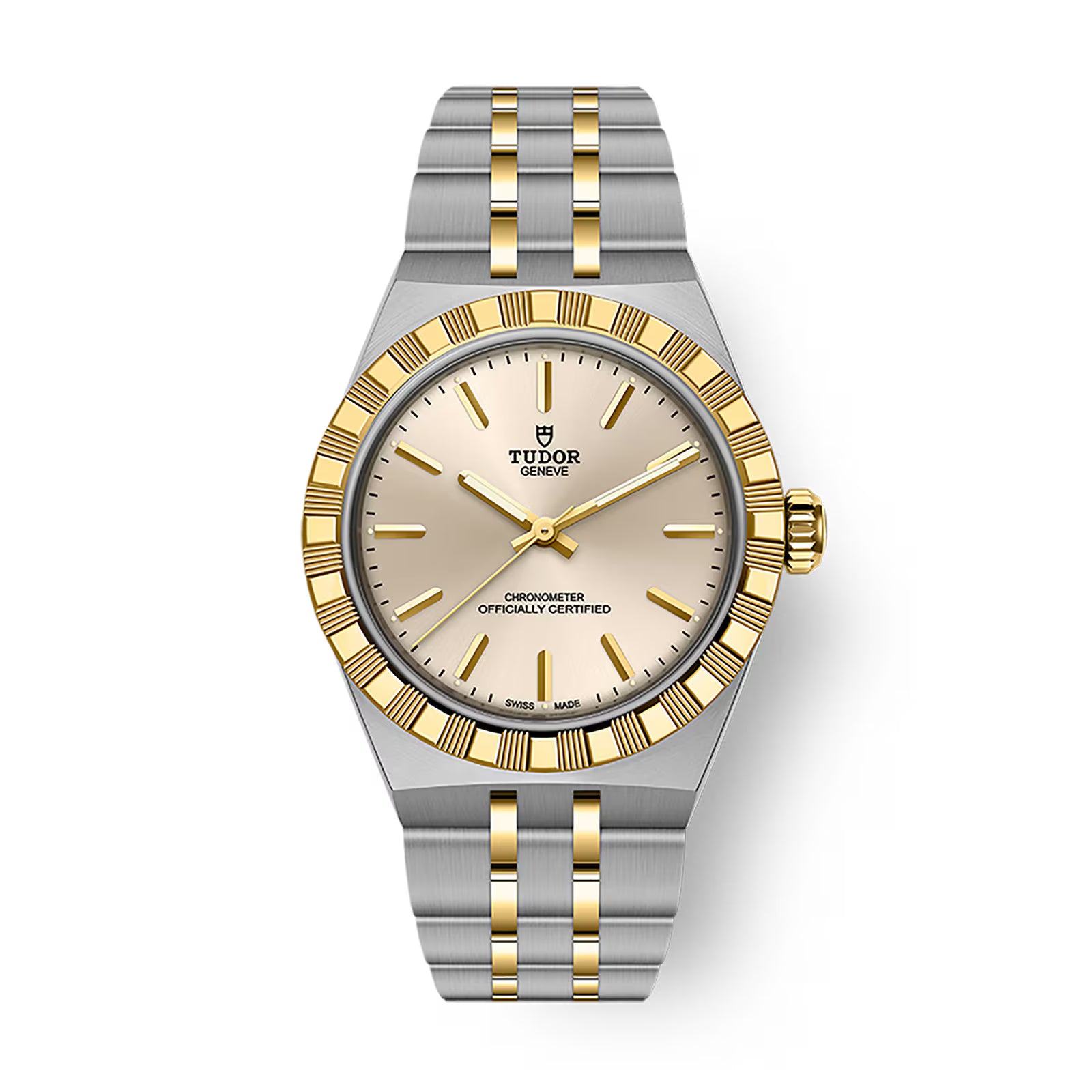 TUDOR Royal watch with two-tone steel and gold bracelet, champagne dial, and textured bezel.