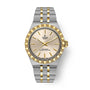 TUDOR Royal watch with two-tone steel and gold bracelet, champagne dial, and textured bezel.