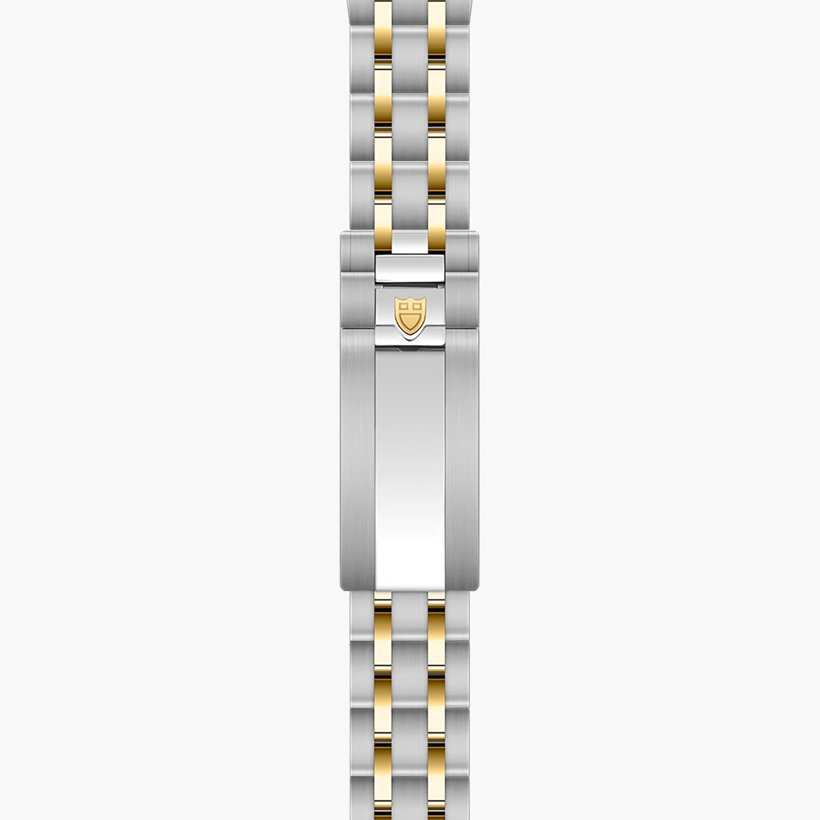 Two-tone steel and gold watch bracelet with shield logo clasp, laid flat vertically.