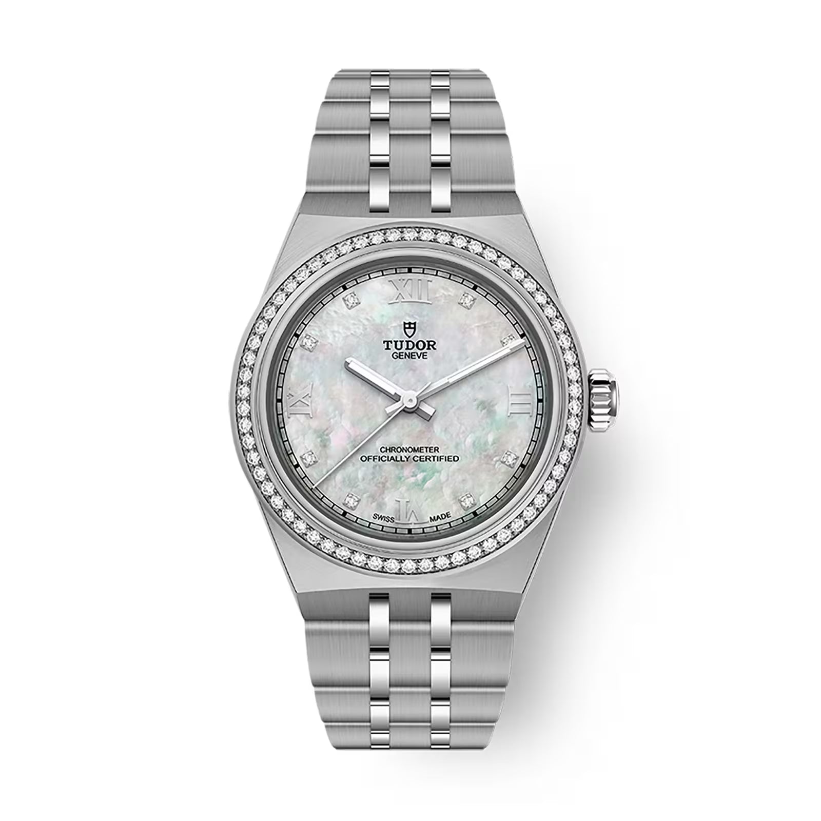TUDOR Royal stainless steel watch with mother-of-pearl dial, diamond bezel, and integrated bracelet.