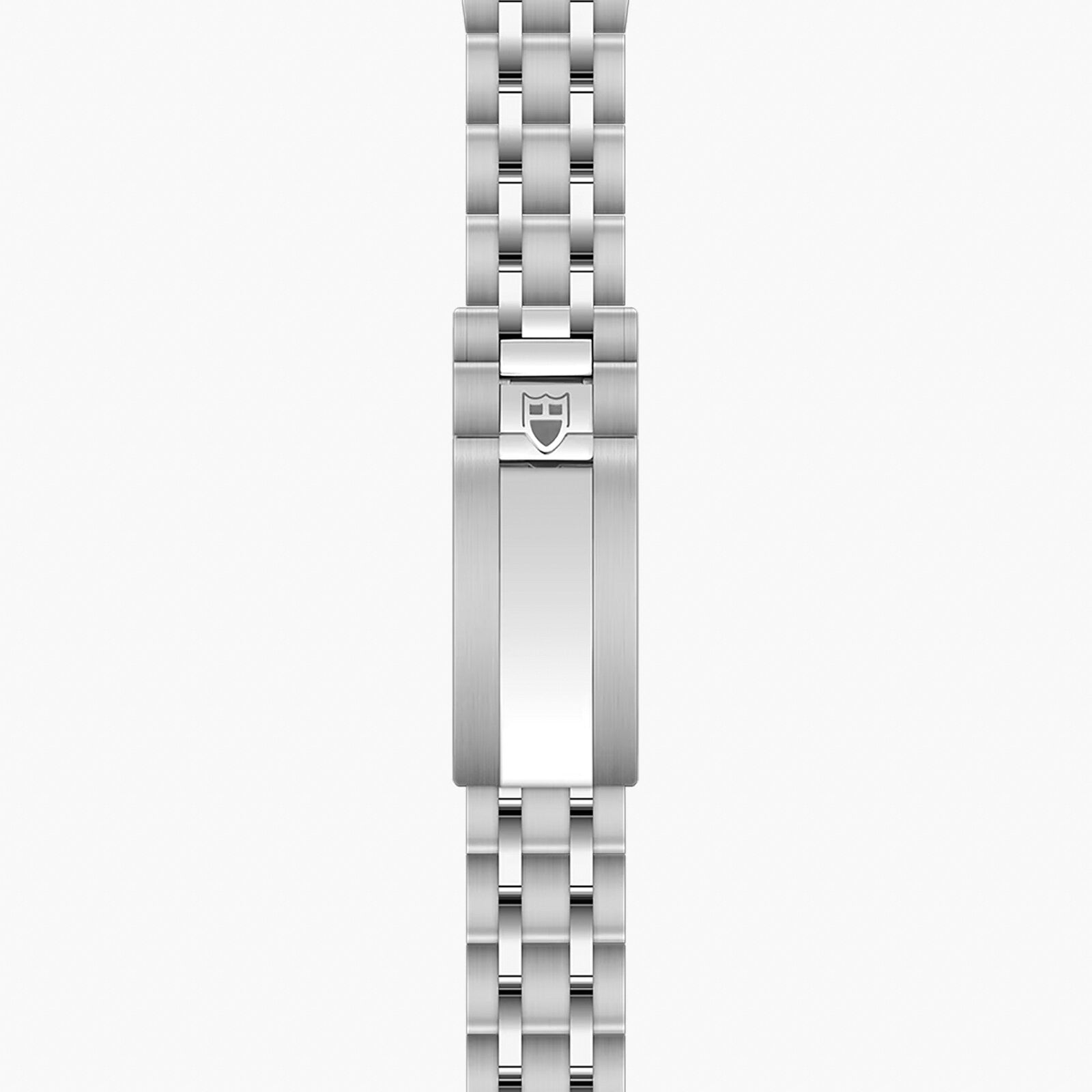 Stainless steel watch bracelet with five-link design and shield logo clasp.