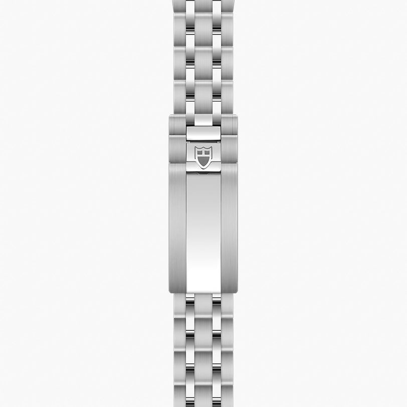 Stainless steel watch bracelet with five-link design and shield logo clasp.