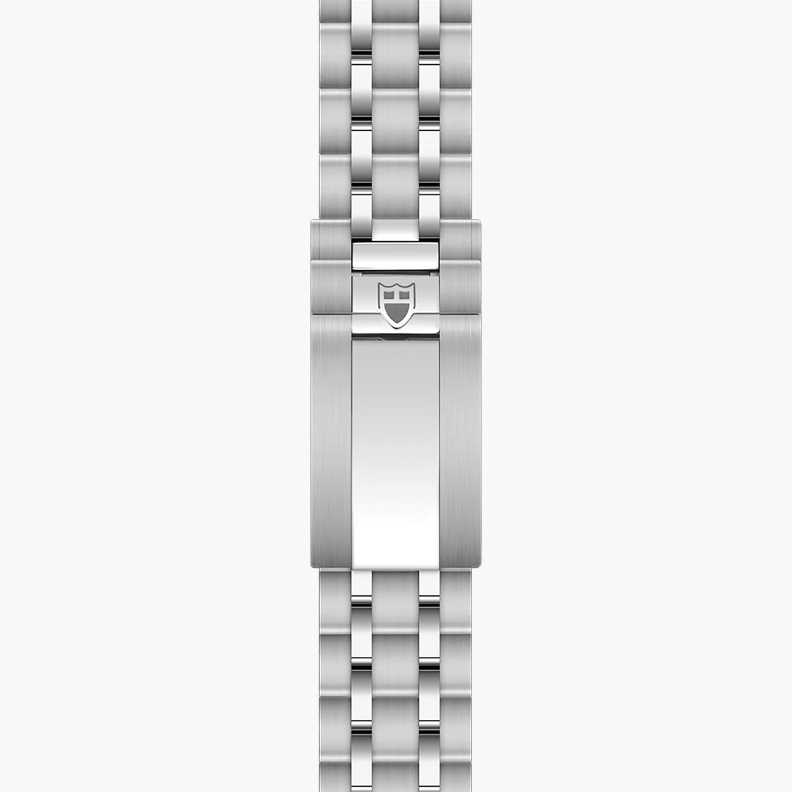Stainless steel watch bracelet with linked segments and shield logo on center clasp.