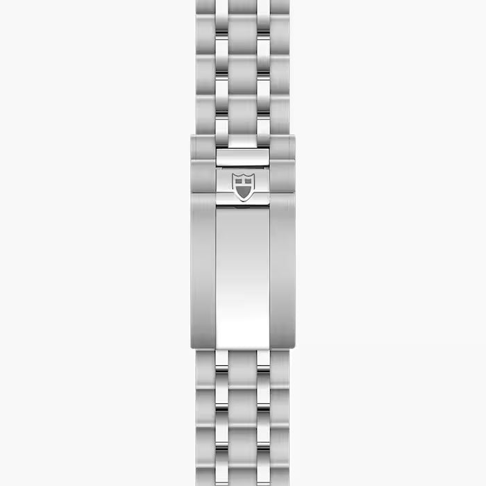 Stainless steel watch bracelet with polished and brushed links, featuring a shield emblem on the clasp.