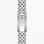 Stainless steel watch bracelet with linked segments and shield clasp logo.