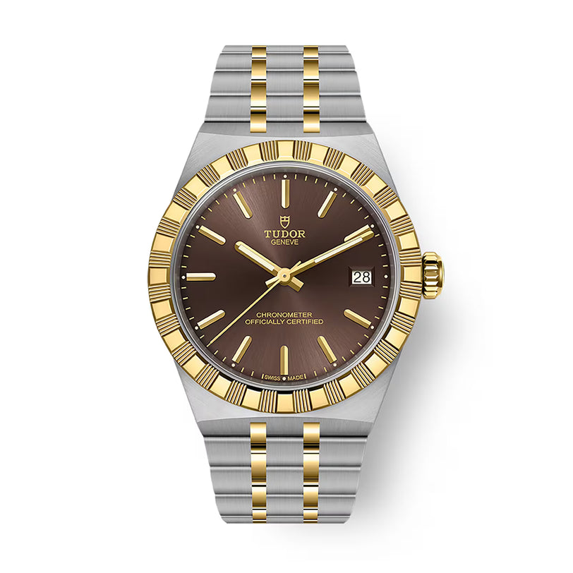 Two-tone stainless steel and gold watch with brown dial, date window, gold hour markers, and matching bracelet.