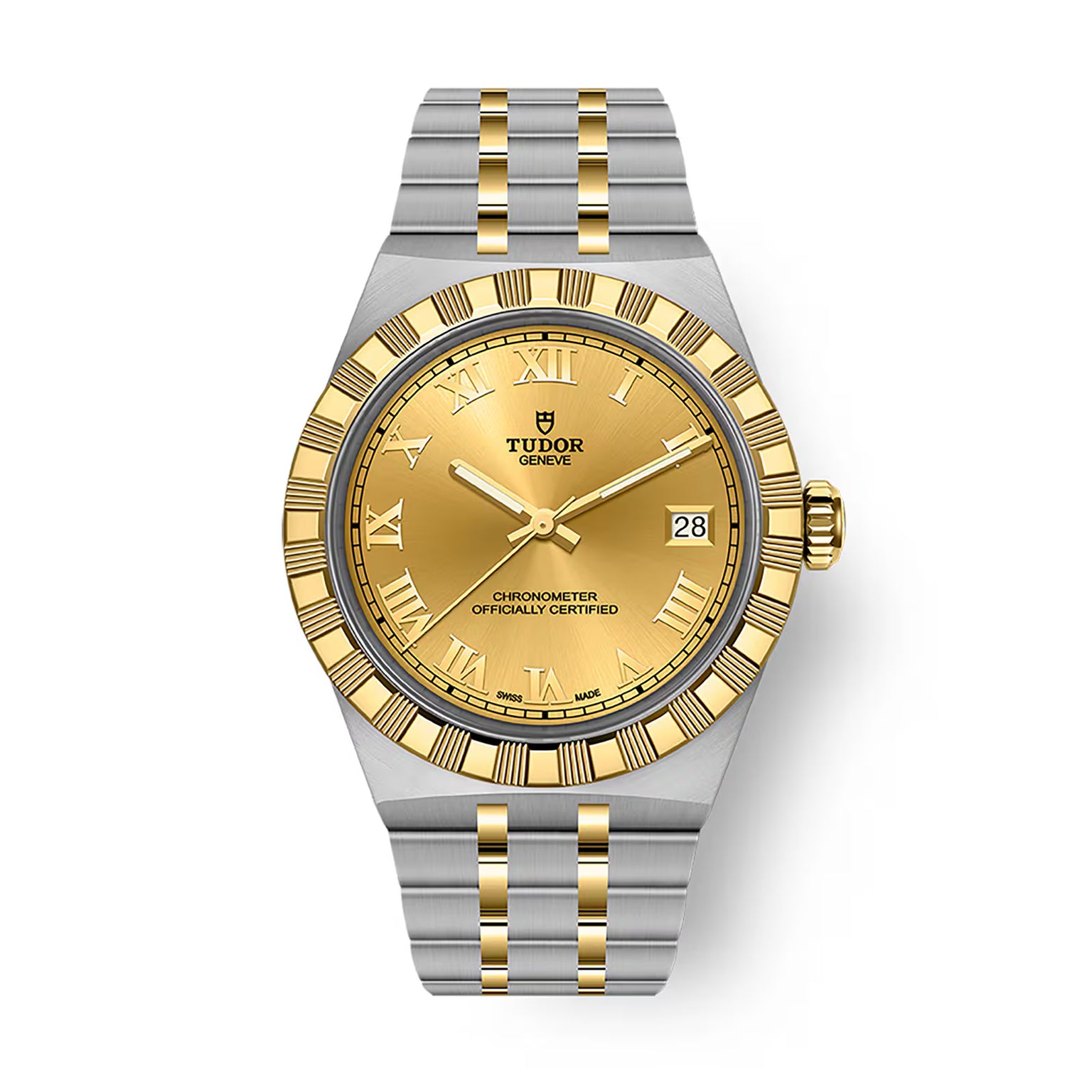 Two-tone stainless steel and gold watch with champagne dial, Roman numerals, date window, and fluted bezel.