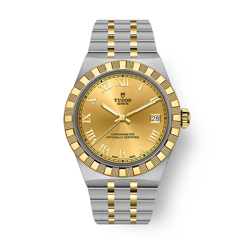 Two-tone stainless steel and gold watch with champagne dial, Roman numerals, date window, and fluted bezel.