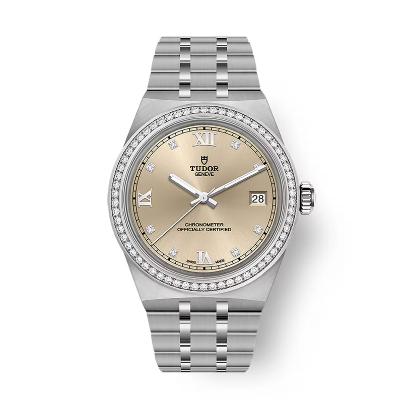 Steel watch with champagne dial, diamond bezel, date window, and steel bracelet.