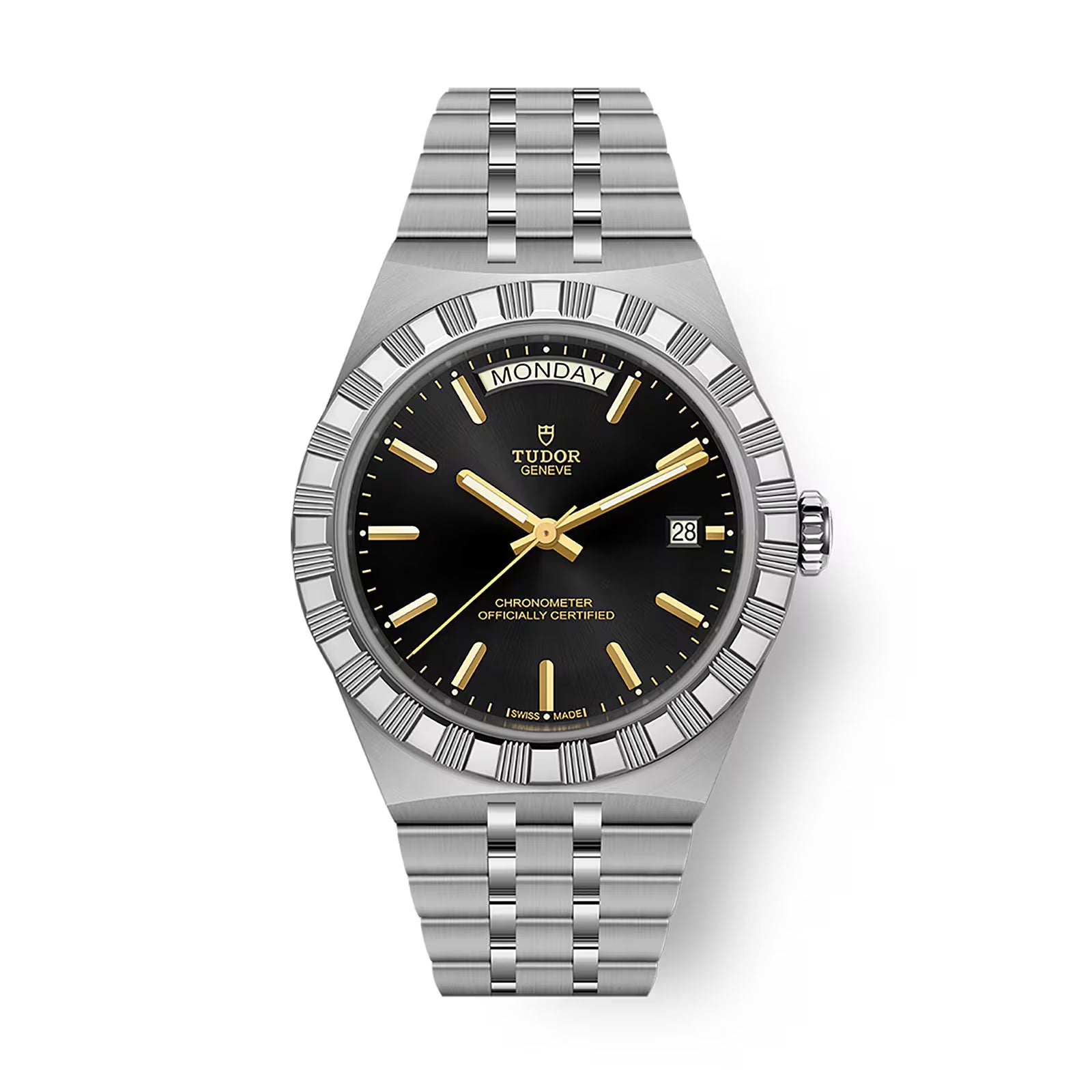 Steel watch with black dial, gold-tone hands and hour markers, day-date window, textured bezel, and integrated bracelet.