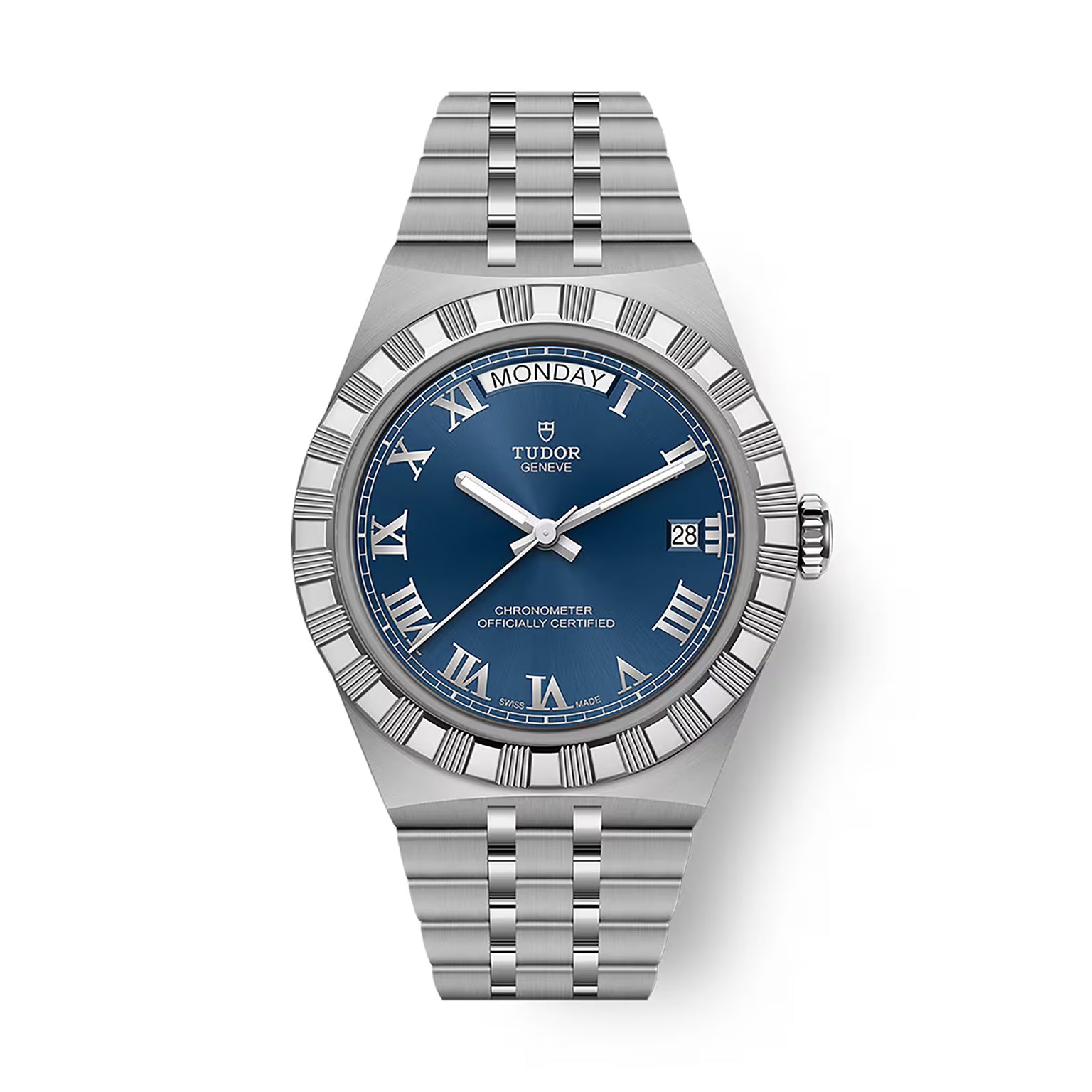 Stainless steel watch with blue dial, Roman numerals, day-date window, and textured bezel on matching bracelet.