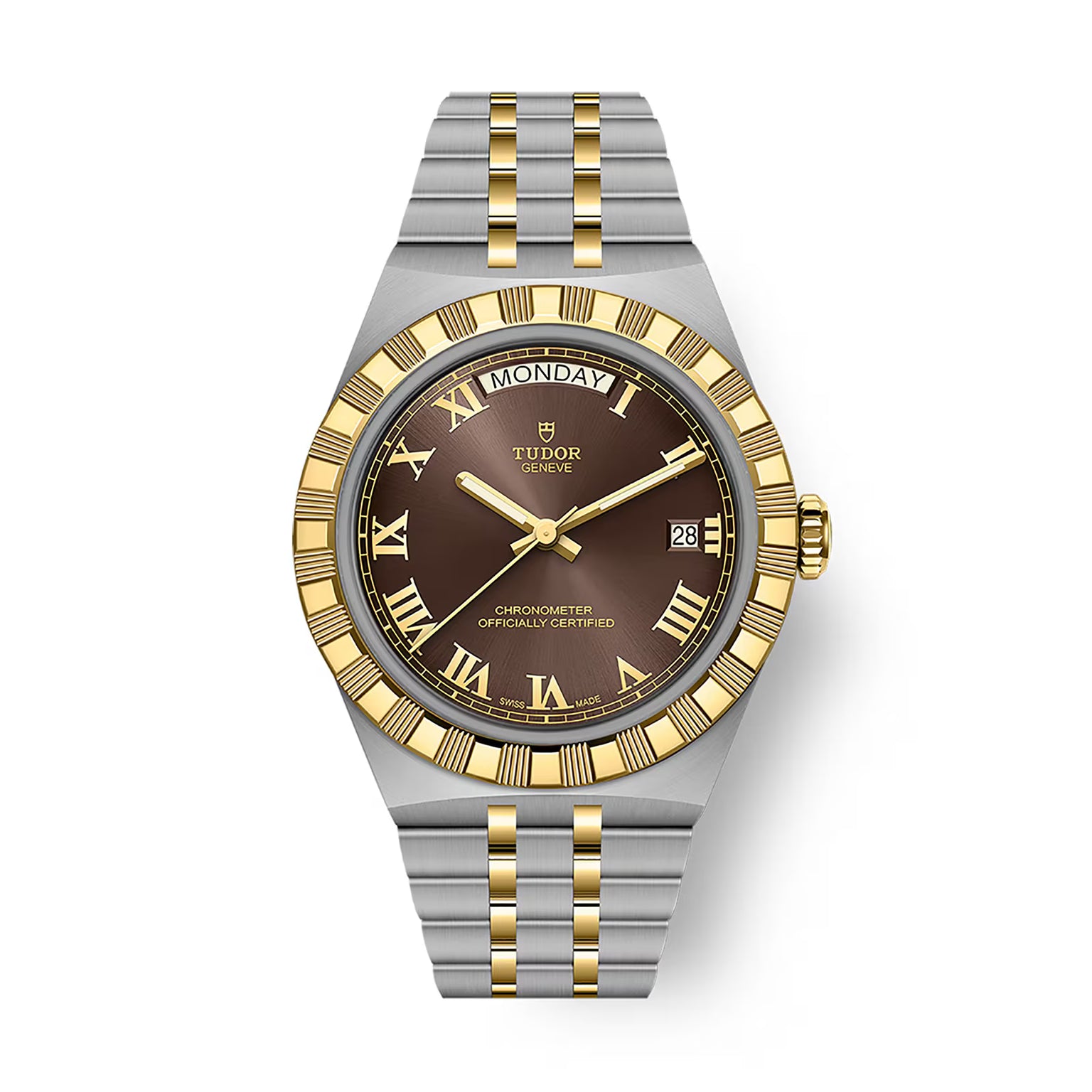 TUDOR Royal watch with two-tone steel and gold bracelet, brown dial, Roman numerals, day-date window, and gold bezel.