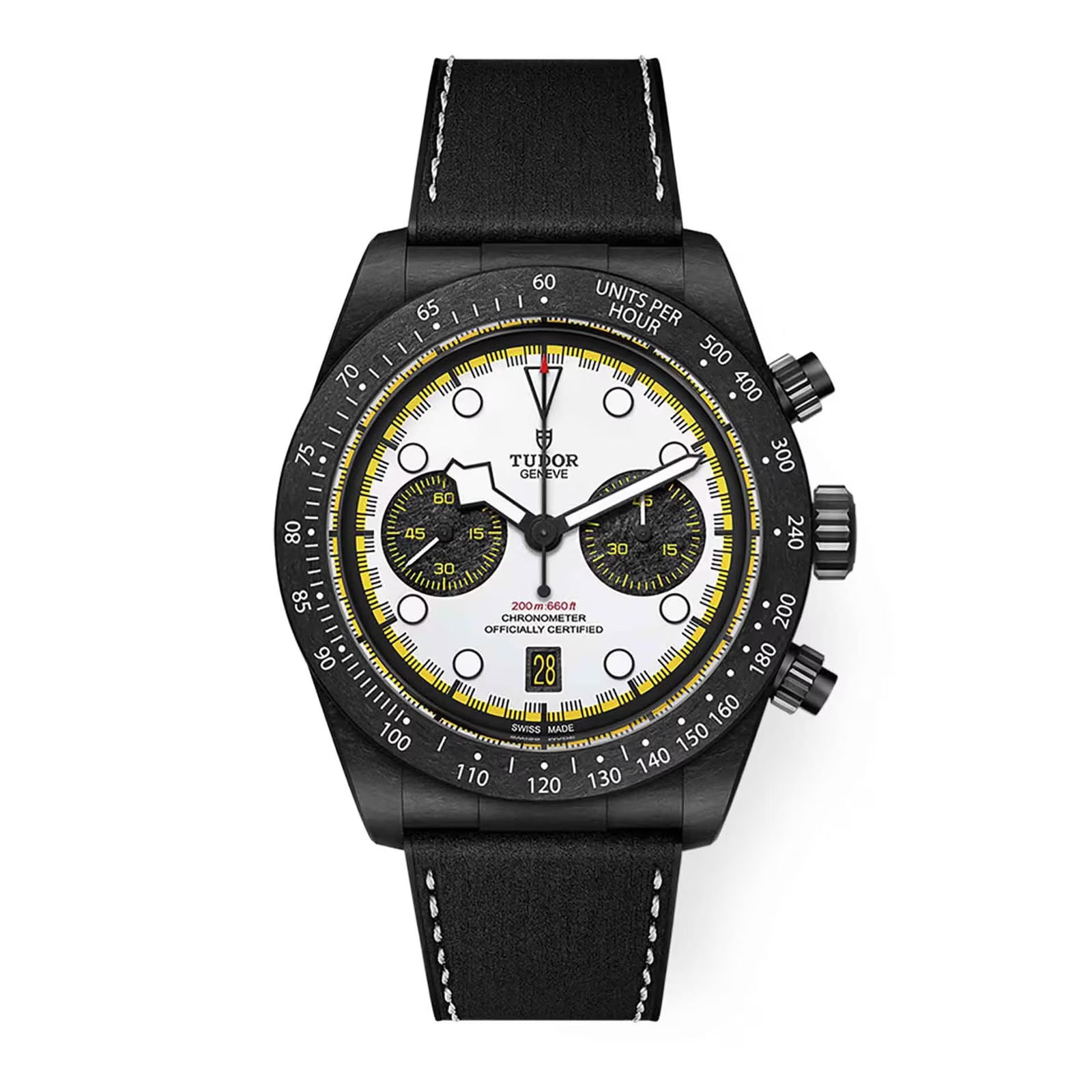 Black chronograph watch with white dial, yellow accents, black leather strap, and black case.
