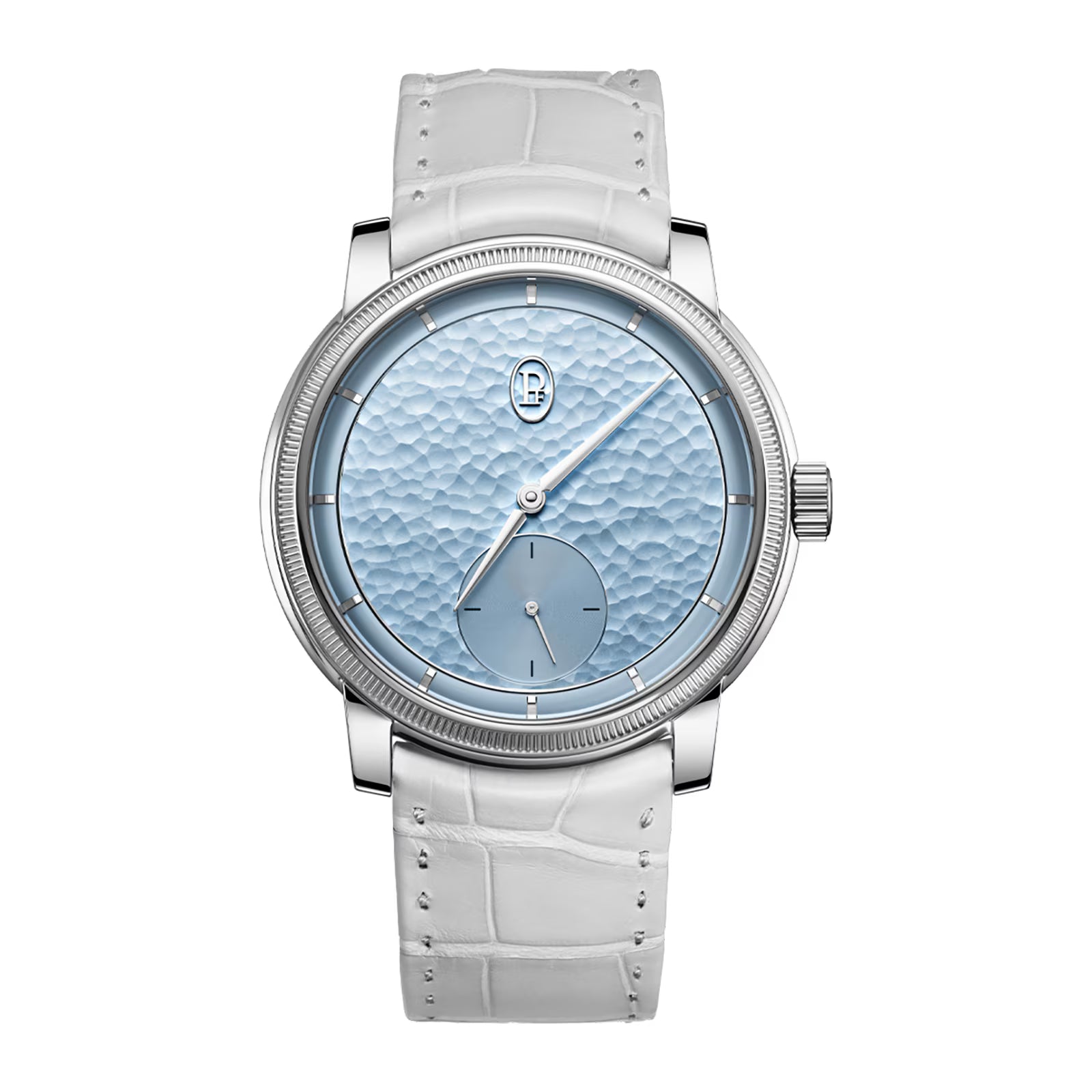 Silver watch with a textured blue face on a white background