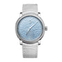Silver watch with a textured blue face on a white background